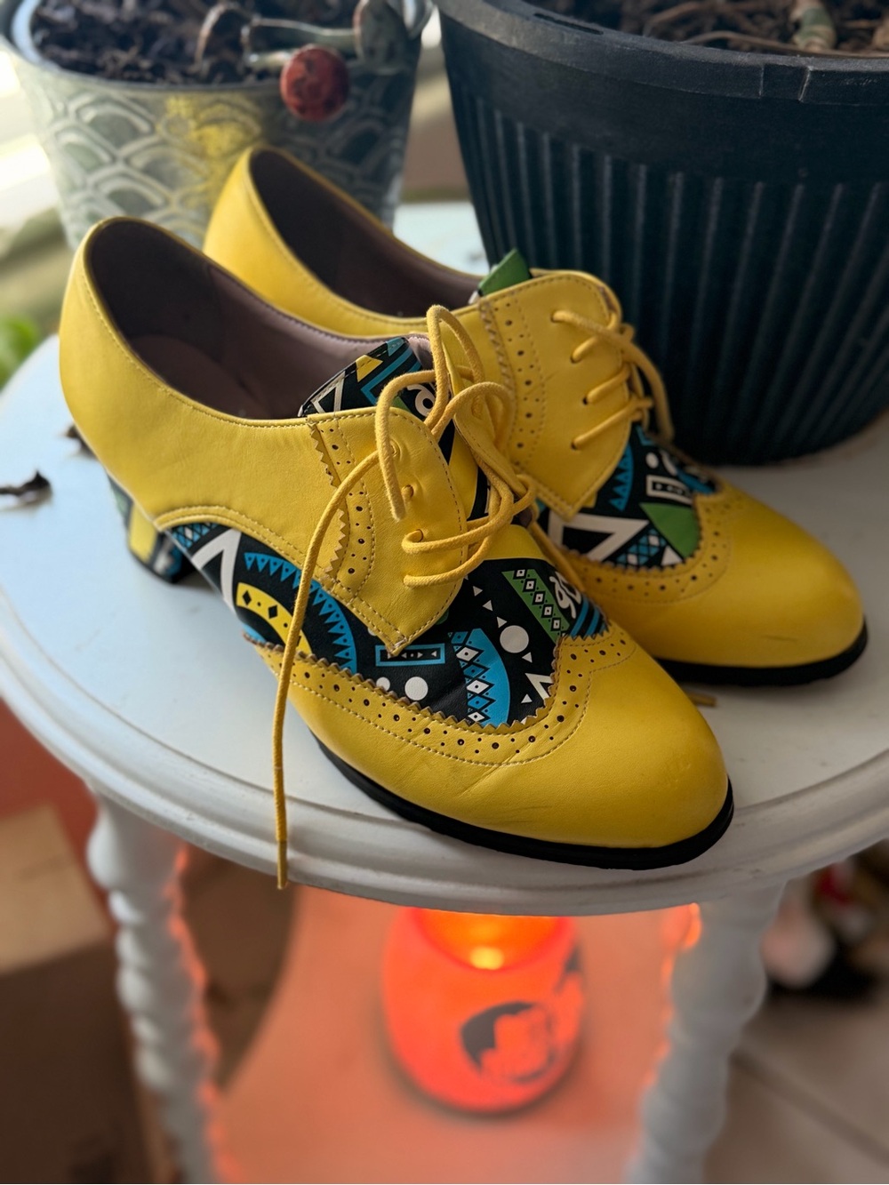 Yellow Patterned Women's Lace-Up Heels